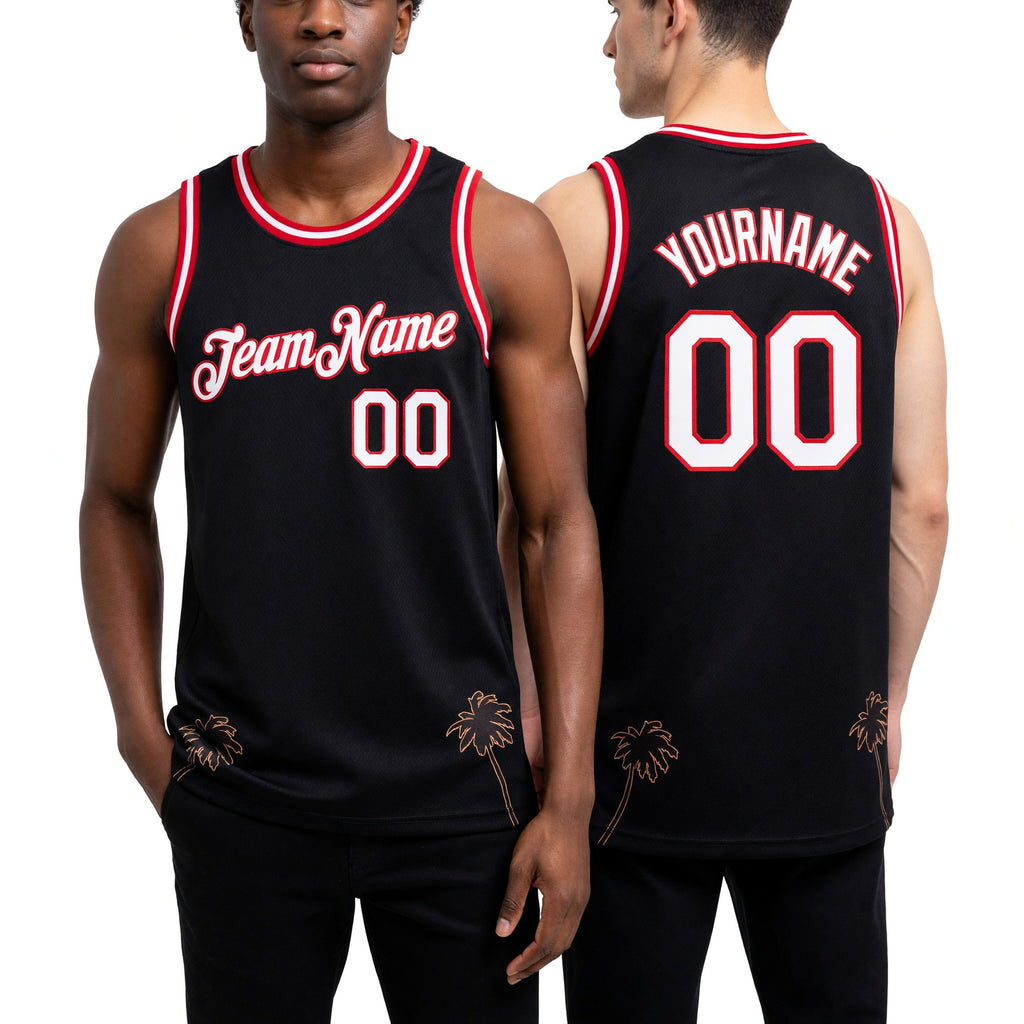Custom Black White-Red 3D Pattern Hawaii Palm Trees Authentic Basketball Jersey worn front and back