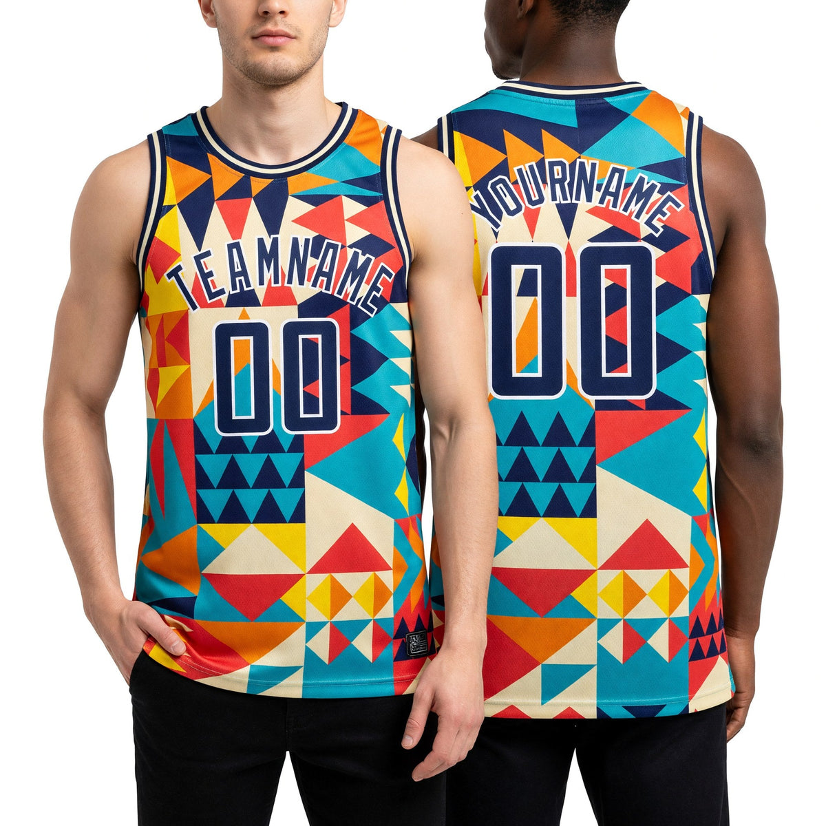 Custom Aqua Royal-White 3D Pattern Design Geometric Shapes Authentic Basketball Jersey worn front and back