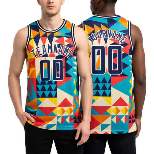 Custom Aqua Royal-White 3D Pattern Design Geometric Shapes Authentic Basketball Jersey worn front and back