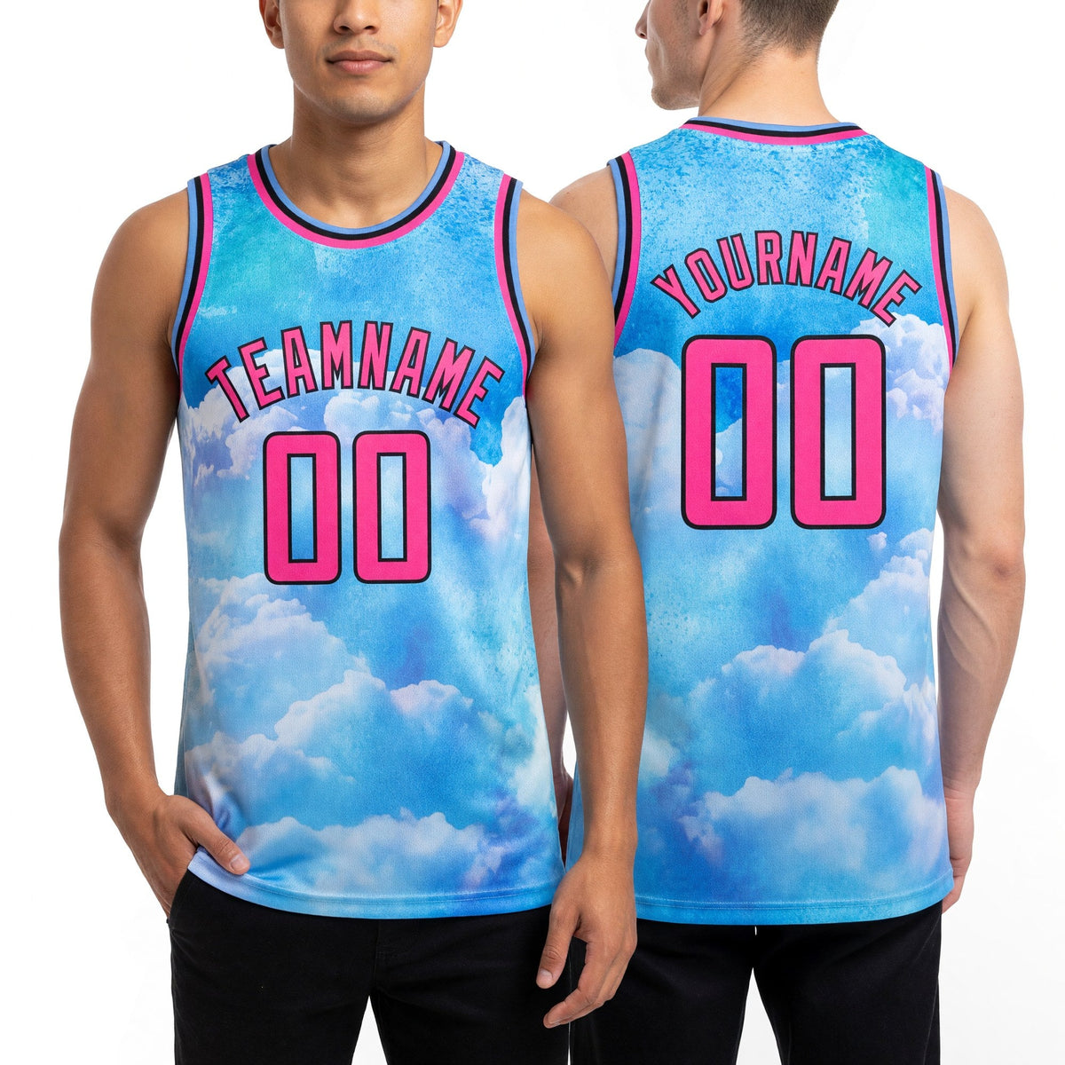 Custom Sky Blue Pink-Black 3D Pattern Design Sky With Clouds Watercolor Style Authentic Basketball Jersey worn front and back