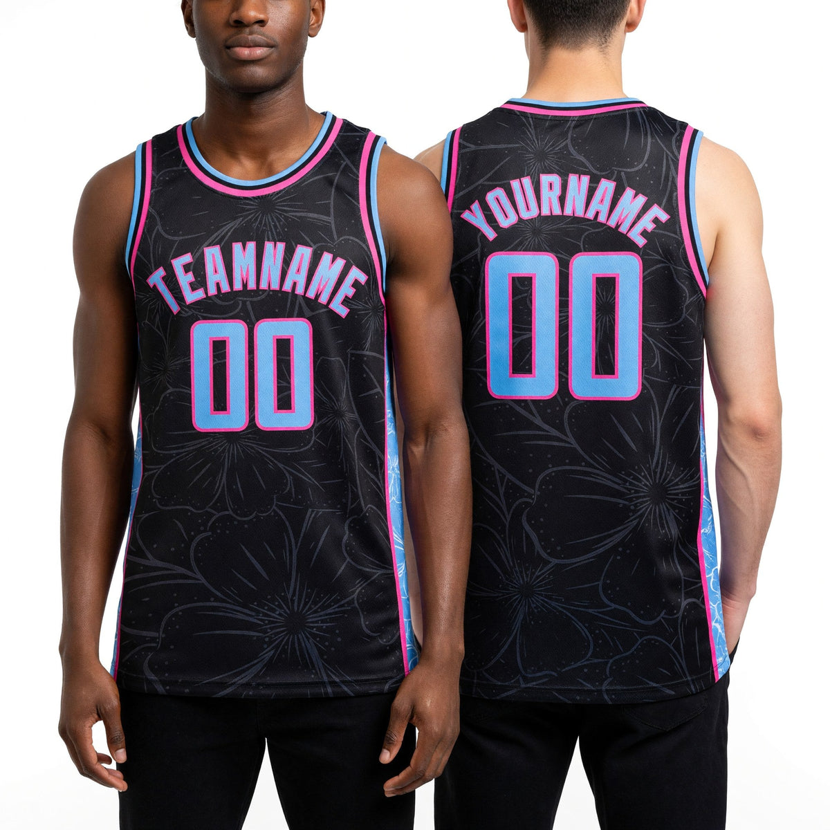 Custom Black Light Blue-Pink Flowers Authentic City Edition Basketball Jersey worn front and back
