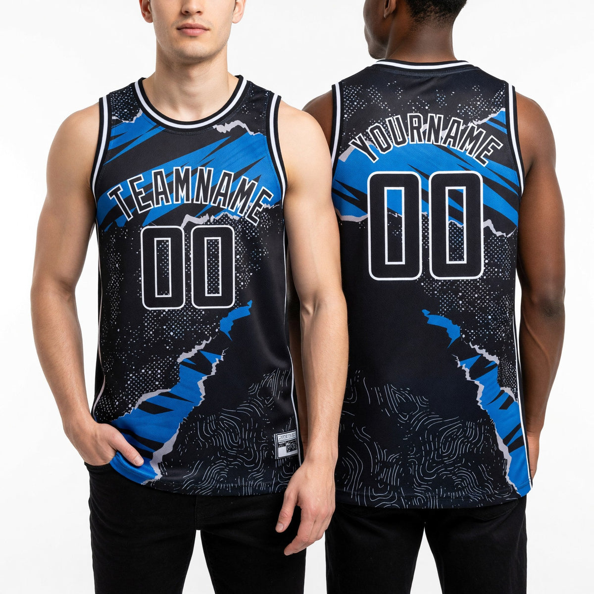 Custom Black Blue-White 3D Pattern Design Torn Paper Style Authentic Basketball Jersey worn front and back