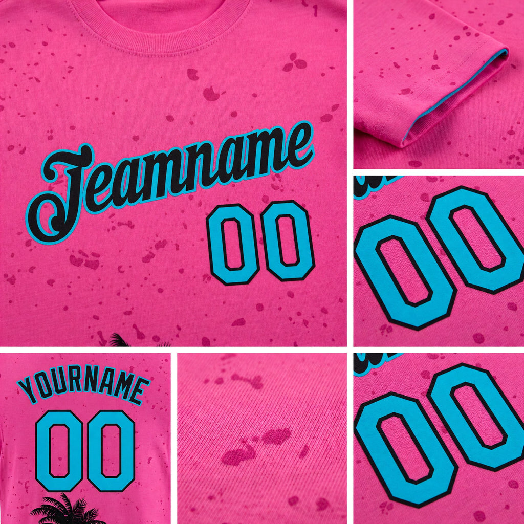Custom Pink Lakes Blue-Black 3D Pattern Design Miami Palm Trees City Edition Performance T-Shirt detail