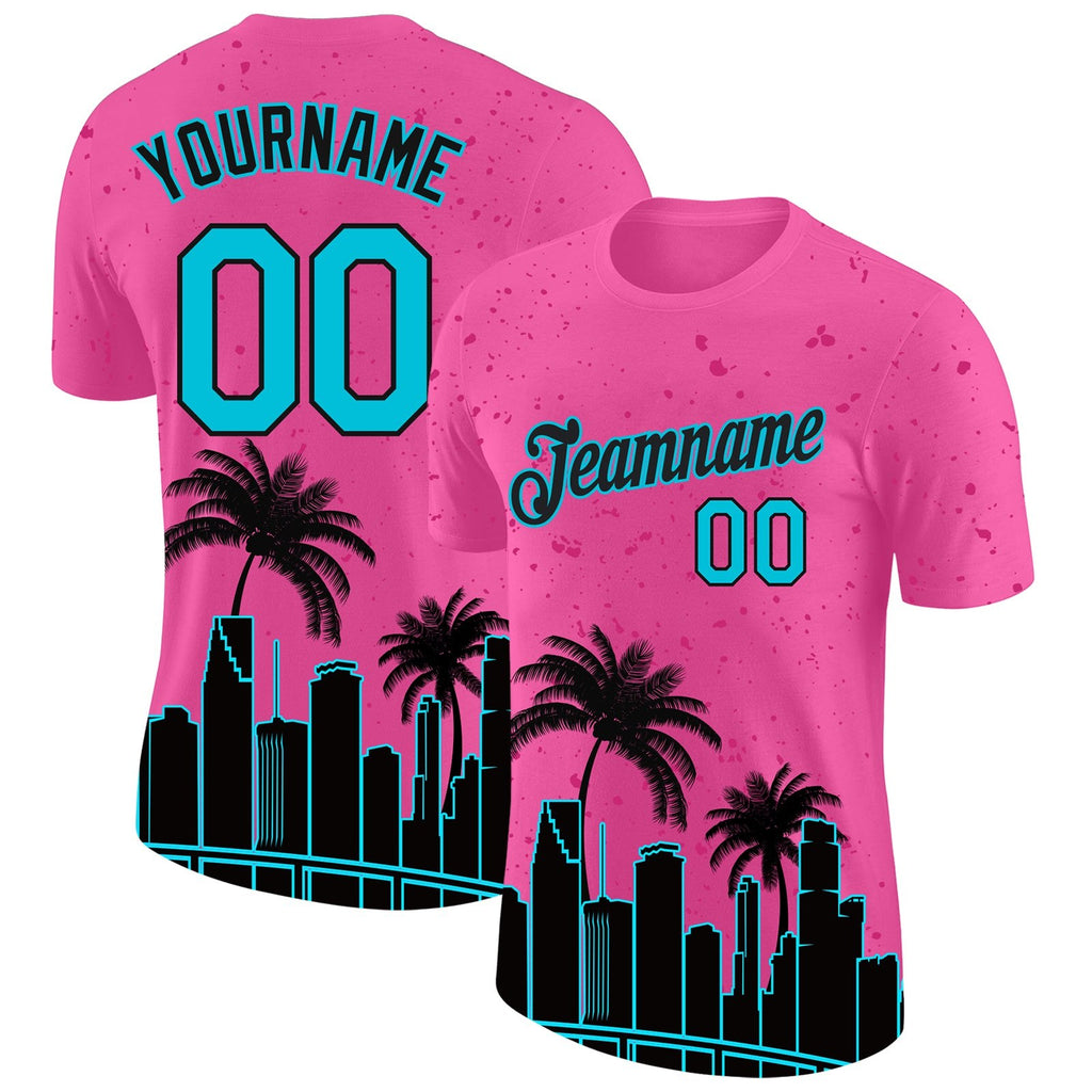 Custom Pink Lakes Blue-Black 3D Pattern Design Miami Palm Trees City Edition Performance T-Shirt photo 1