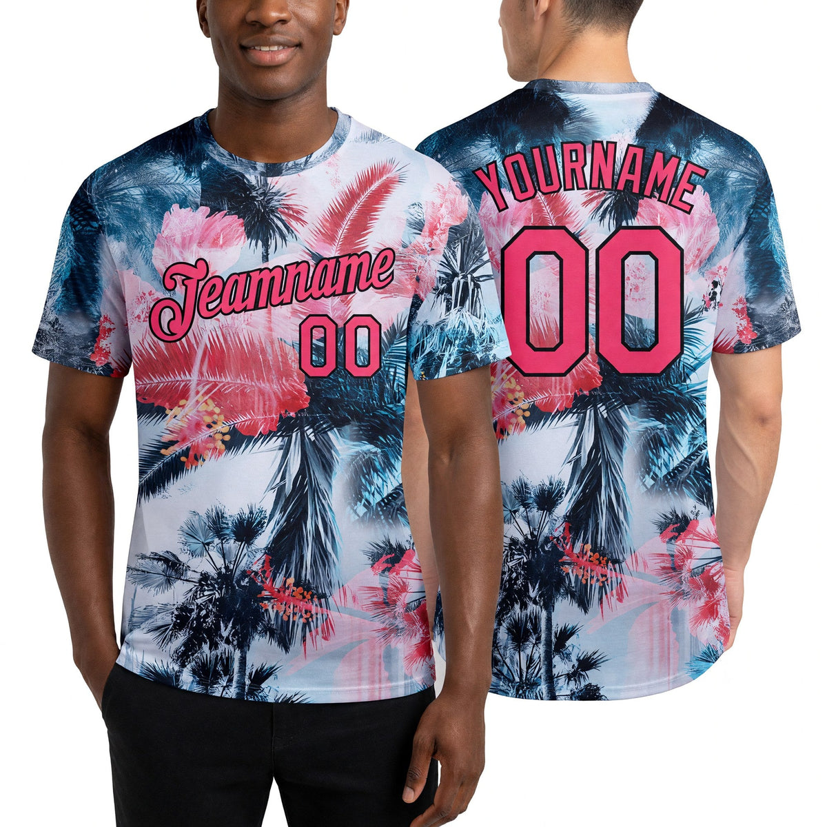Custom White Neon Pink-Black 3D Pattern Design Hawaii Palm Trees Performance T-Shirt worn front and back