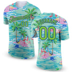 Custom Lakes Blue Neon Green-Navy 3D Pattern Design Beach Hawaii Palm Trees And Flamingo Performance T-Shirt