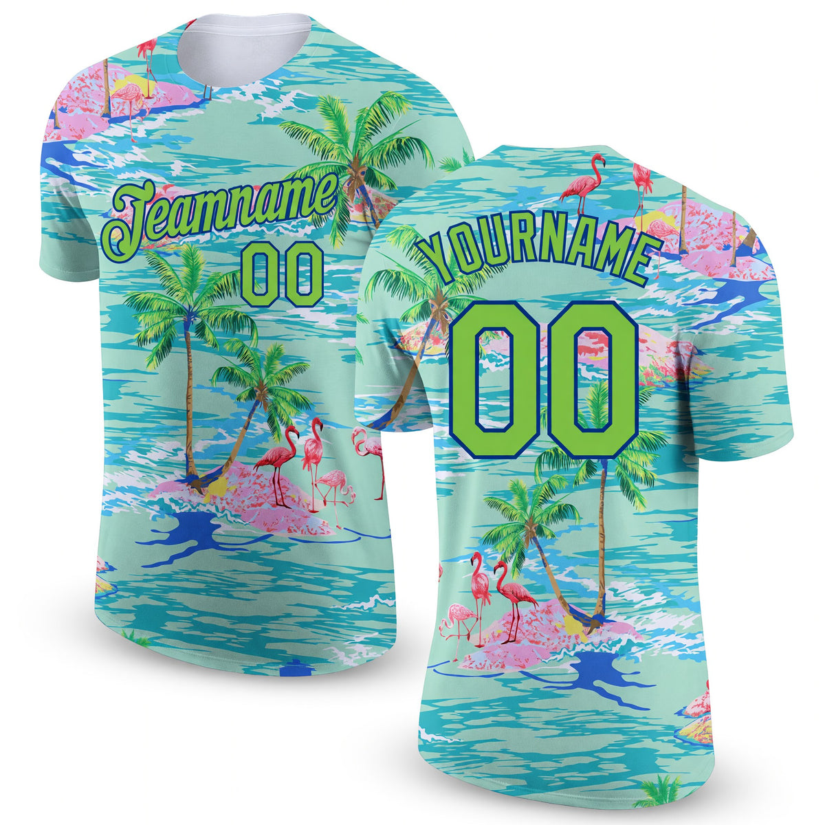 Custom Lakes Blue Neon Green-Navy 3D Pattern Design Beach Hawaii Palm Trees And Flamingo Performance T-Shirt