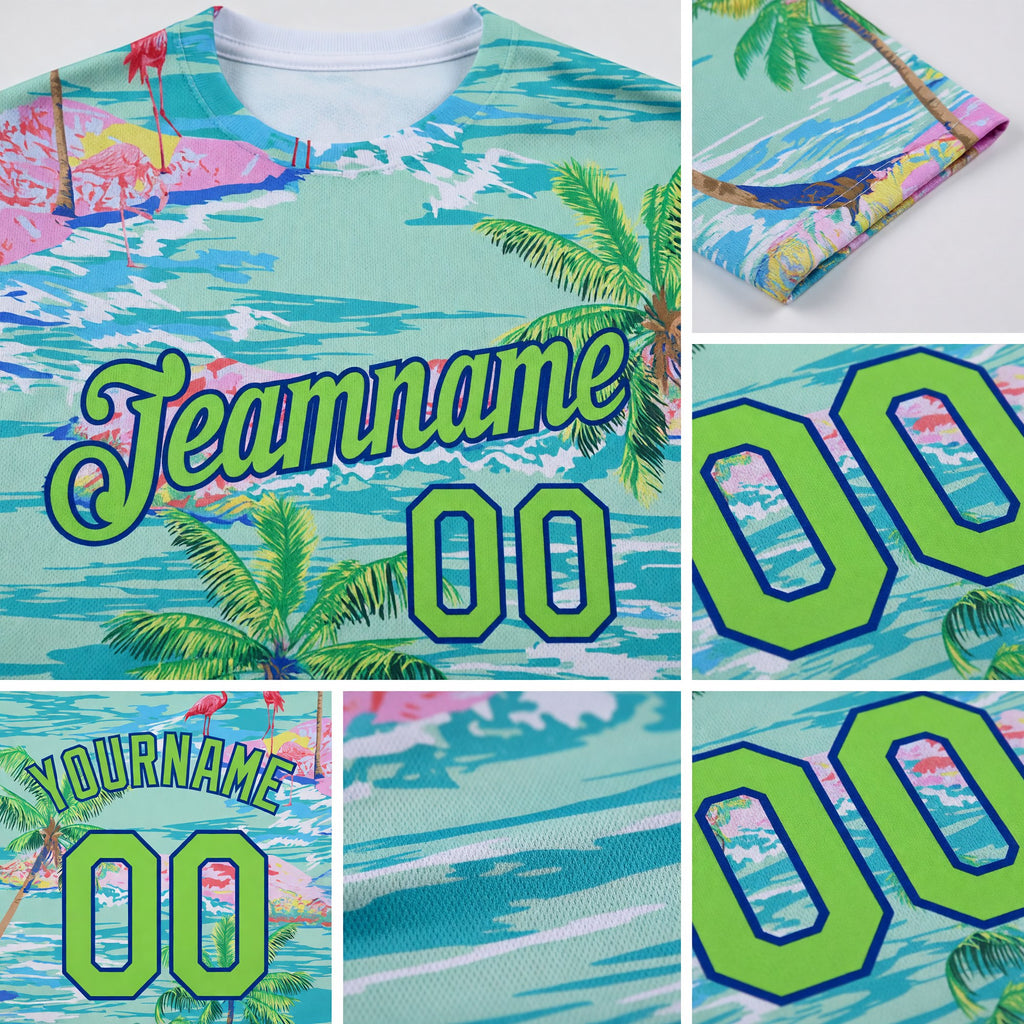 Custom Lakes Blue Neon Green-Navy 3D Pattern Design Beach Hawaii Palm Trees And Flamingo Performance T-Shirt detail