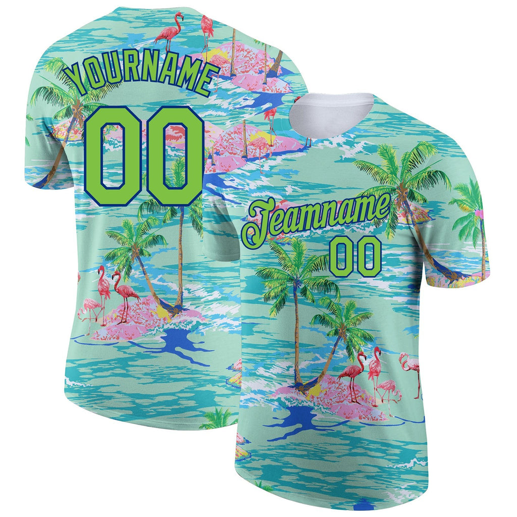 Custom Lakes Blue Neon Green-Navy 3D Pattern Design Beach Hawaii Palm Trees And Flamingo Performance T-Shirt photo 1
