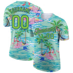 Custom Lakes Blue Neon Green-Navy 3D Pattern Design Beach Hawaii Palm Trees And Flamingo Performance T-Shirt photo 1