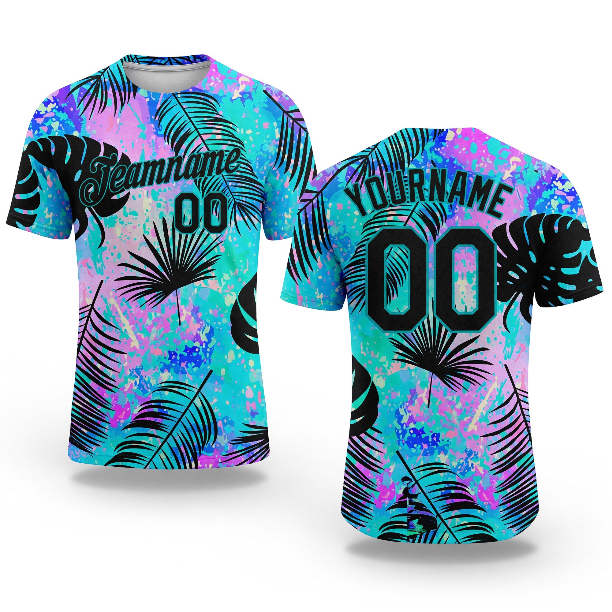 Custom Teal Black 3D Pattern Design Hawaii Palm Leaves Performance T-Shirt
