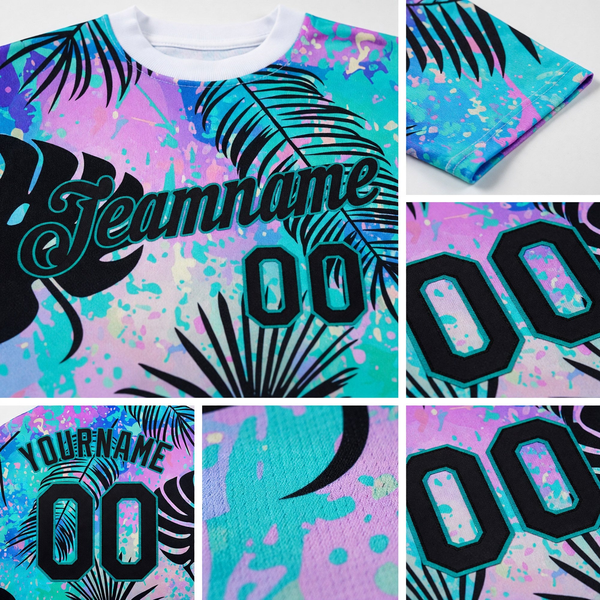 Custom Teal Black 3D Pattern Design Hawaii Palm Leaves Performance T-Shirt detail