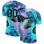 Custom Teal Black 3D Pattern Design Hawaii Palm Leaves Performance T-Shirt photo 1