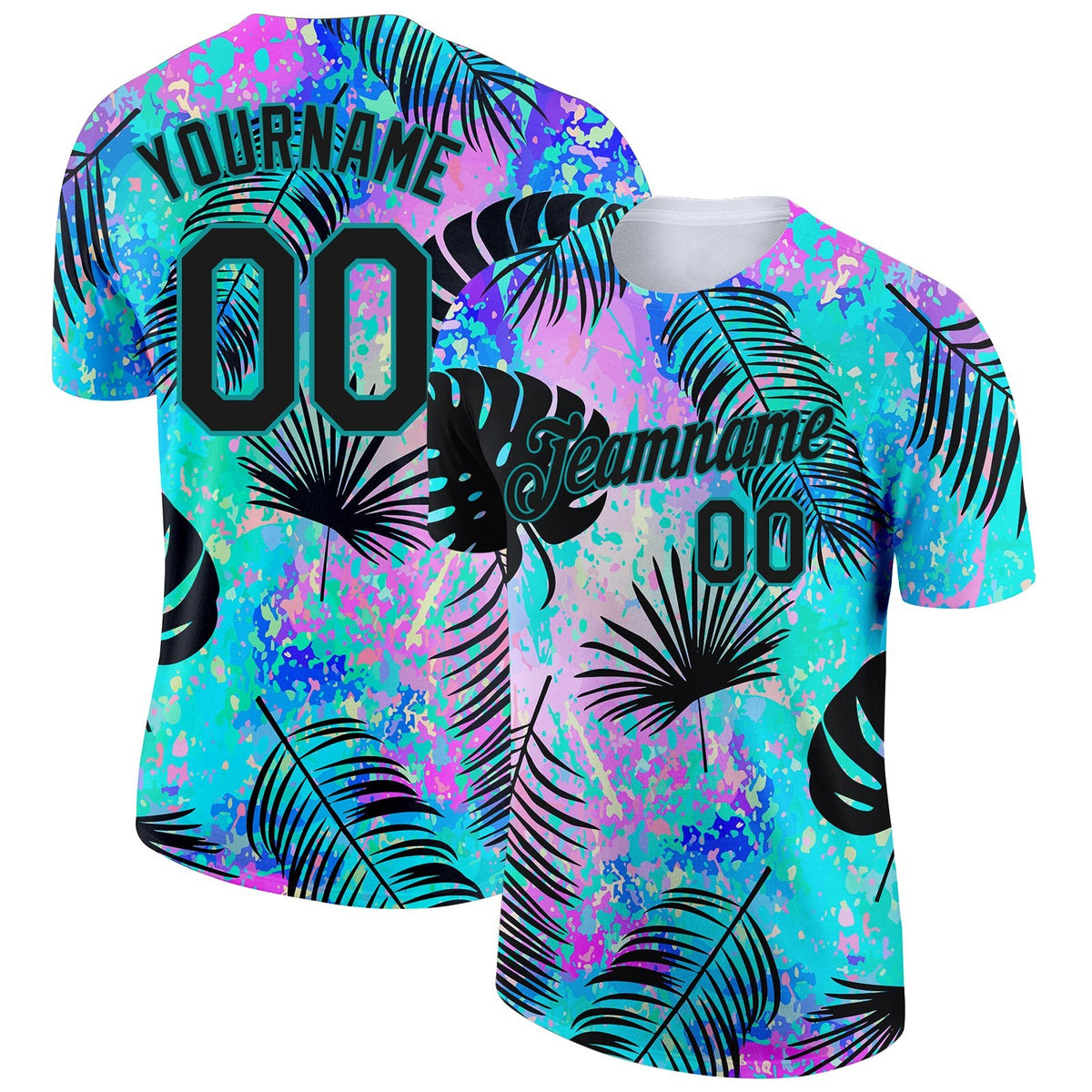 Custom Teal Black 3D Pattern Design Hawaii Palm Leaves Performance T-Shirt photo 1