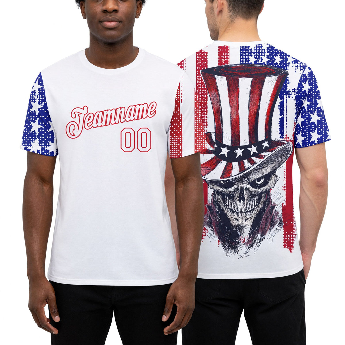 Custom White Red-Royal 3D American Flag Skull Patriotic Performance T-Shirt worn front and back