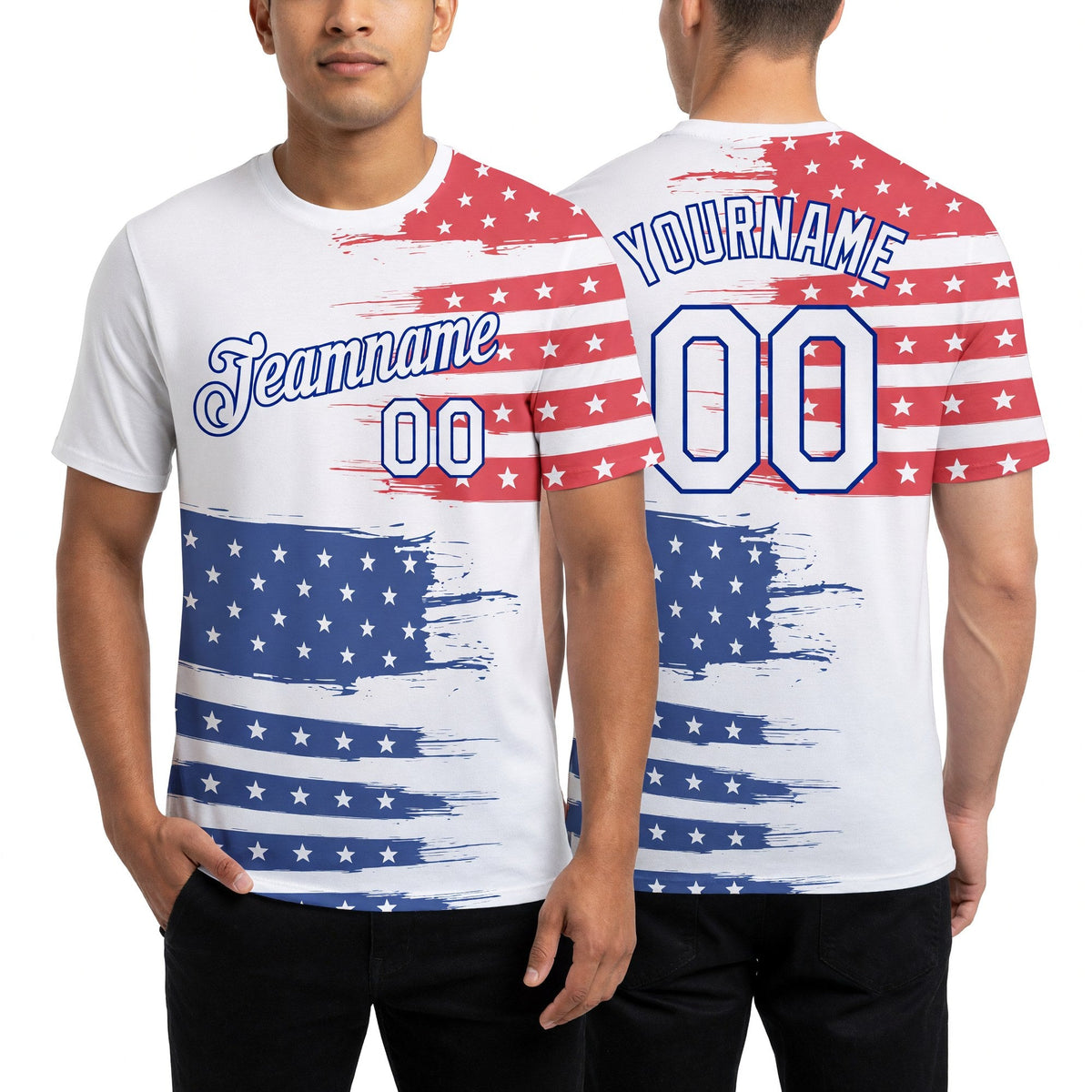 Custom White Royal-Red 3D American Flag Patriotic Performance T-Shirt worn front and back