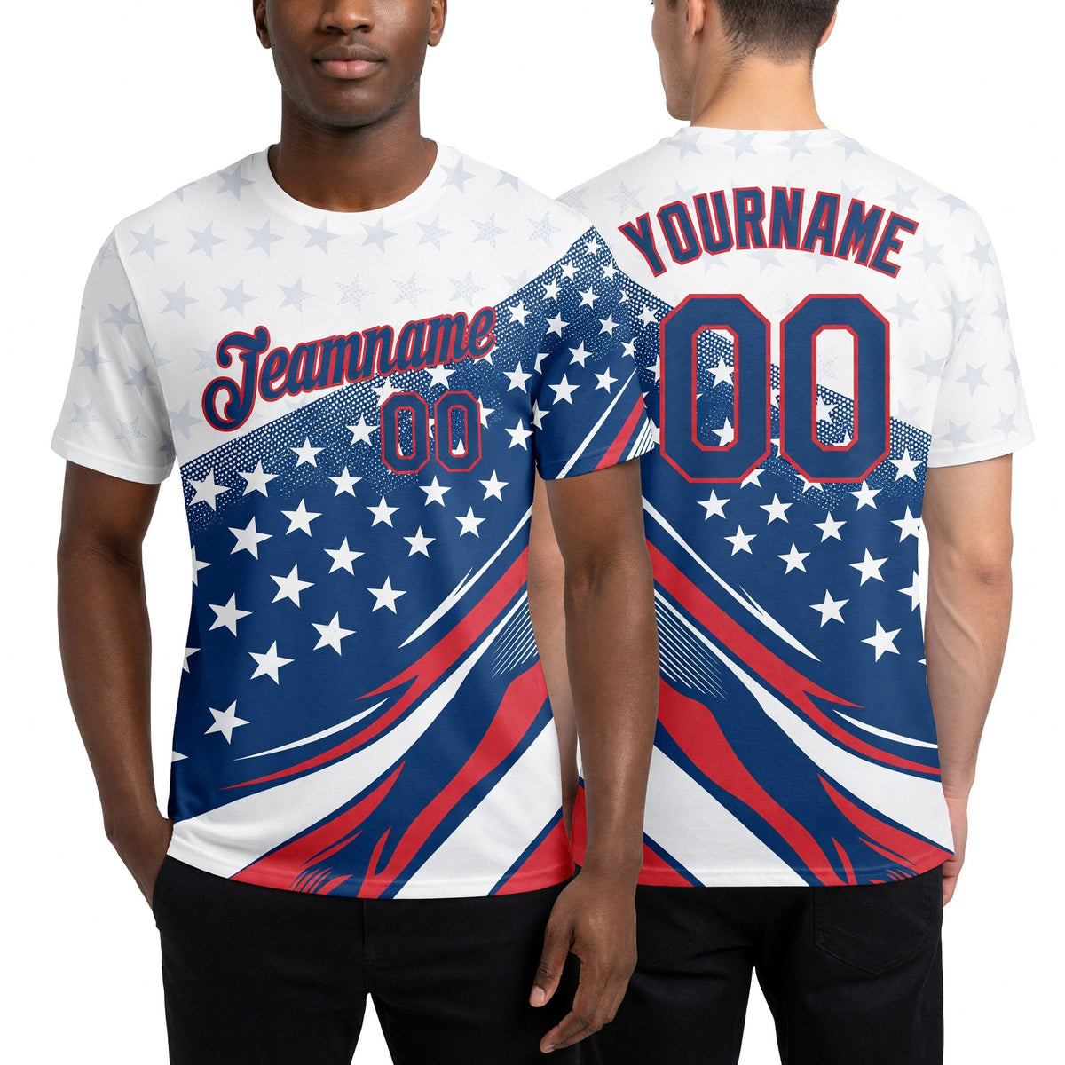 Custom White Navy-Red 3D American Flag Patriotic Performance T-Shirt worn front and back