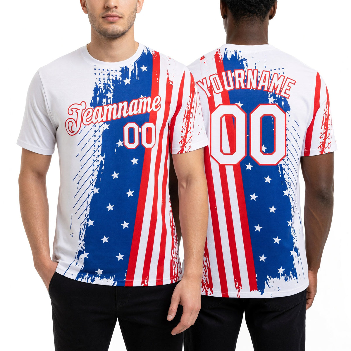 Custom White Red-Royal 3D American Flag Patriotic Performance T-Shirt worn front and back