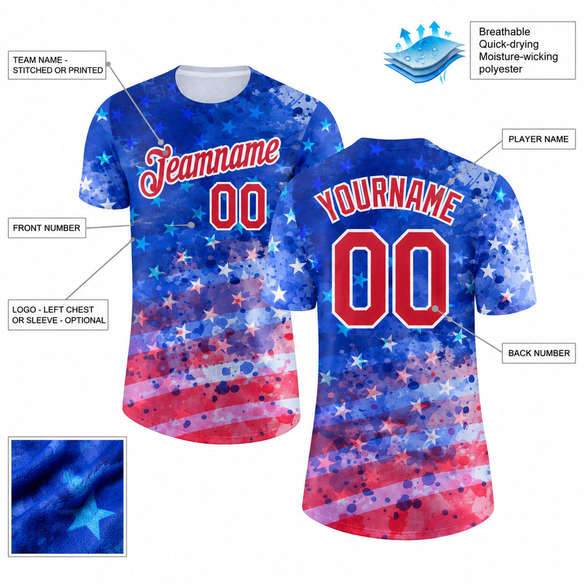 Custom Royal American Flag Patriotic Performance T-Shirt with Red and White Lettering customization guide