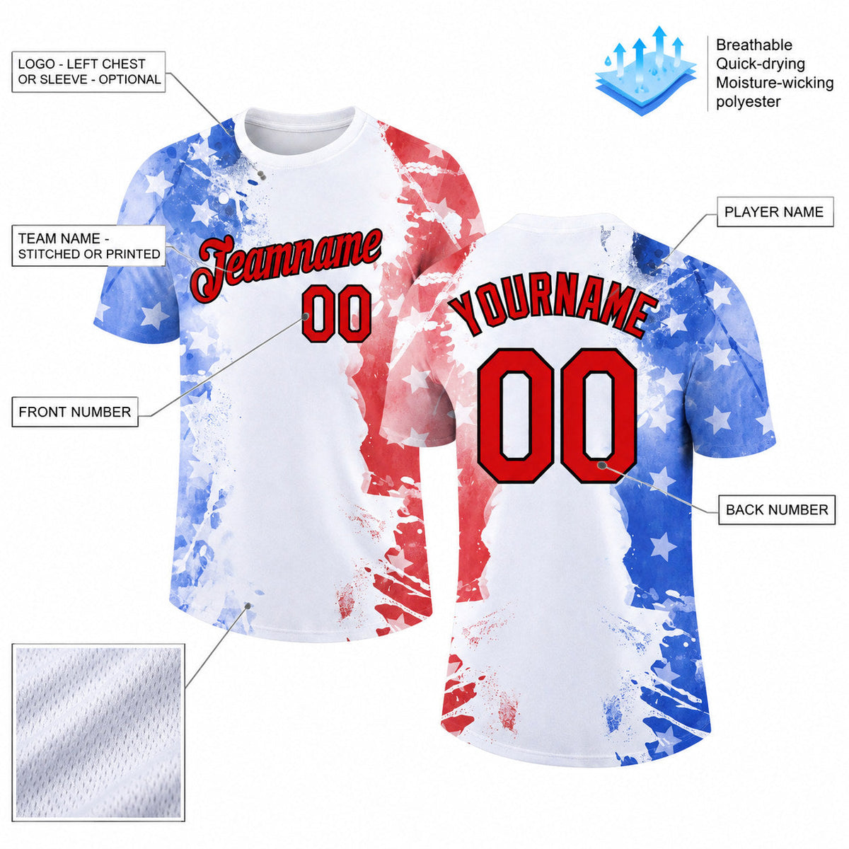 Custom White American Flag Patriotic Performance T-Shirt with Red and Black Lettering Design 3523 customization guide