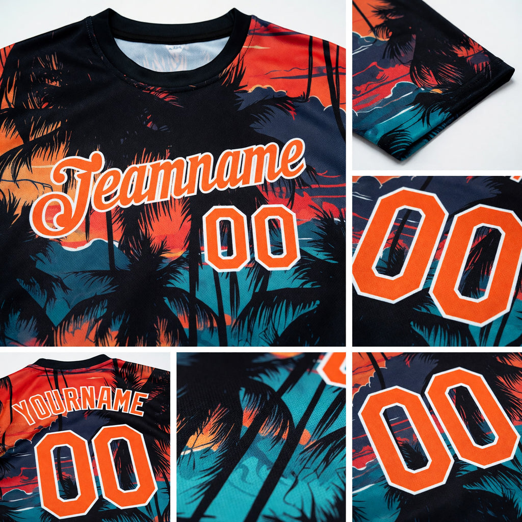 Custom Black Orange-White 3D Pattern Design Tropical Hawaii Palms Trees Performance T-Shirt detail