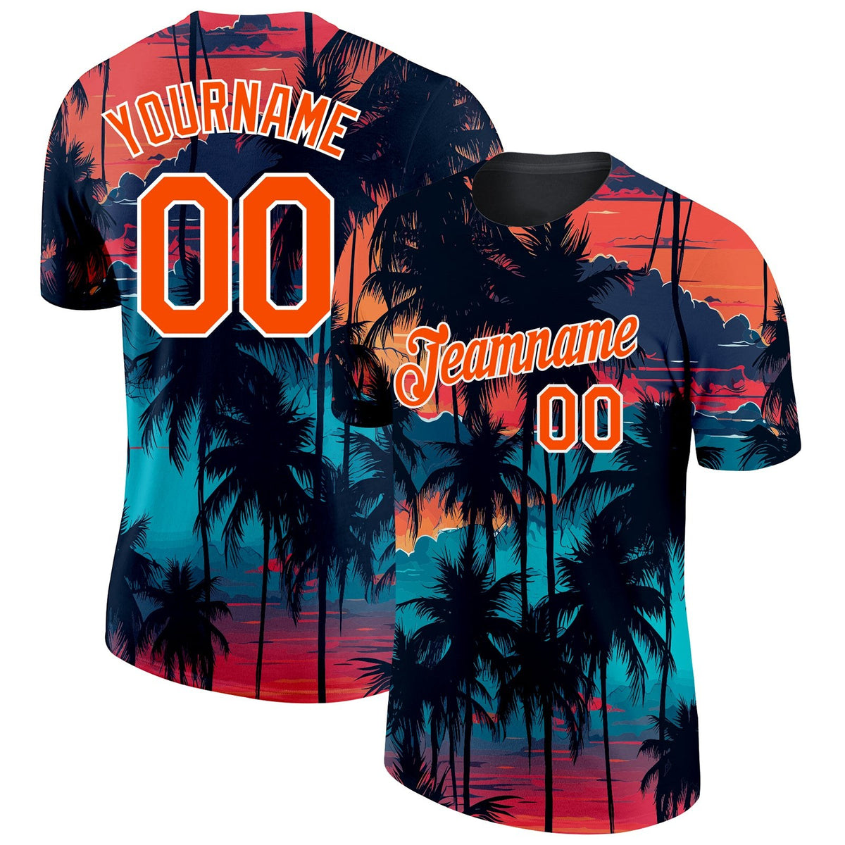 Custom Black Orange-White 3D Pattern Design Tropical Hawaii Palms Trees Performance T-Shirt photo 1