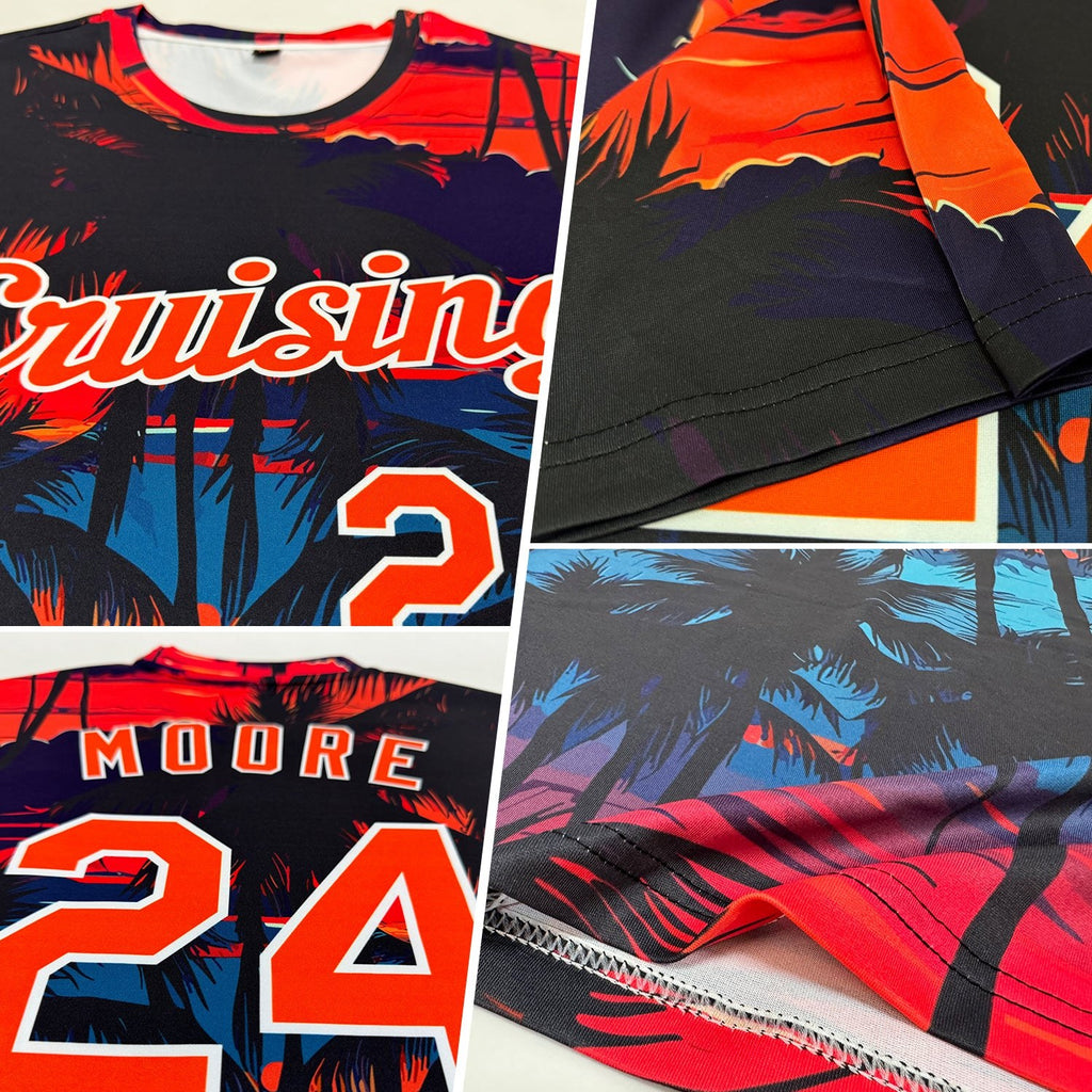Custom Black Orange-White 3D Pattern Design Tropical Hawaii Palms Trees Performance T-Shirt photo 2