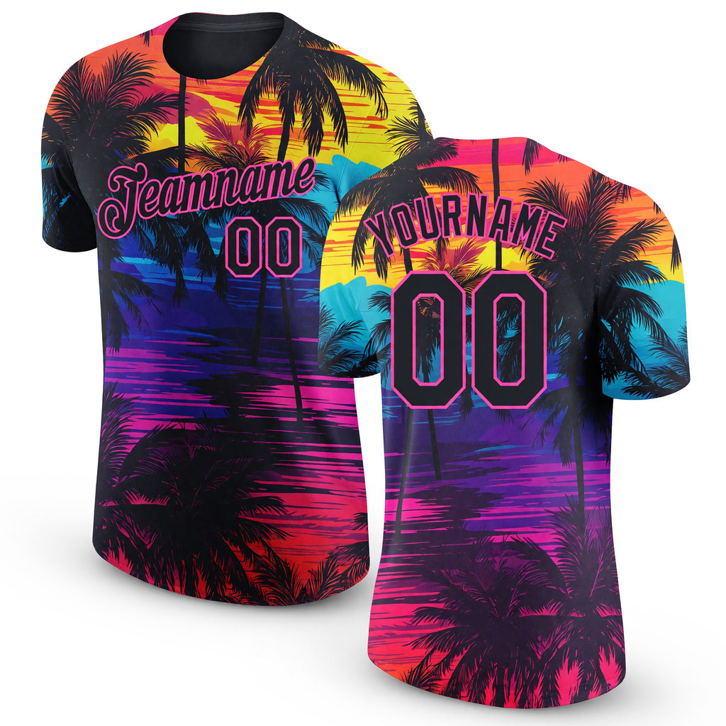 Custom Black Pink 3D Pattern Design Tropical Hawaii Palms Trees Performance T-Shirt