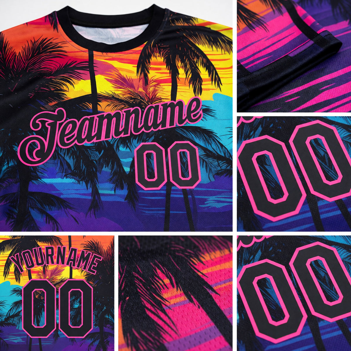 Custom Black Pink 3D Pattern Design Tropical Hawaii Palms Trees Performance T-Shirt detail