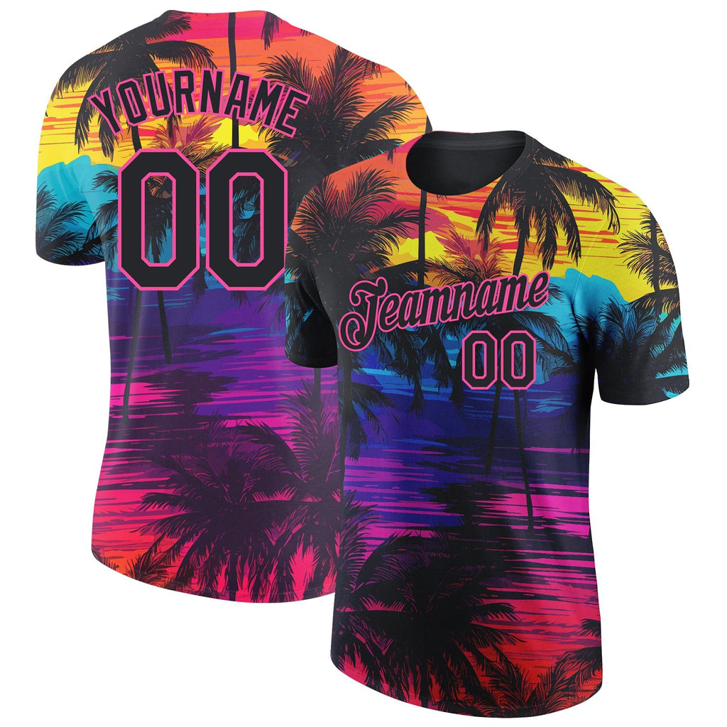 Custom Black Pink 3D Pattern Design Tropical Hawaii Palms Trees Performance T-Shirt photo 1