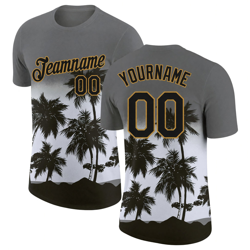 Custom Gray Black-Old Gold 3D Pattern Design Tropical Hawaii Palms Trees Performance T-Shirt