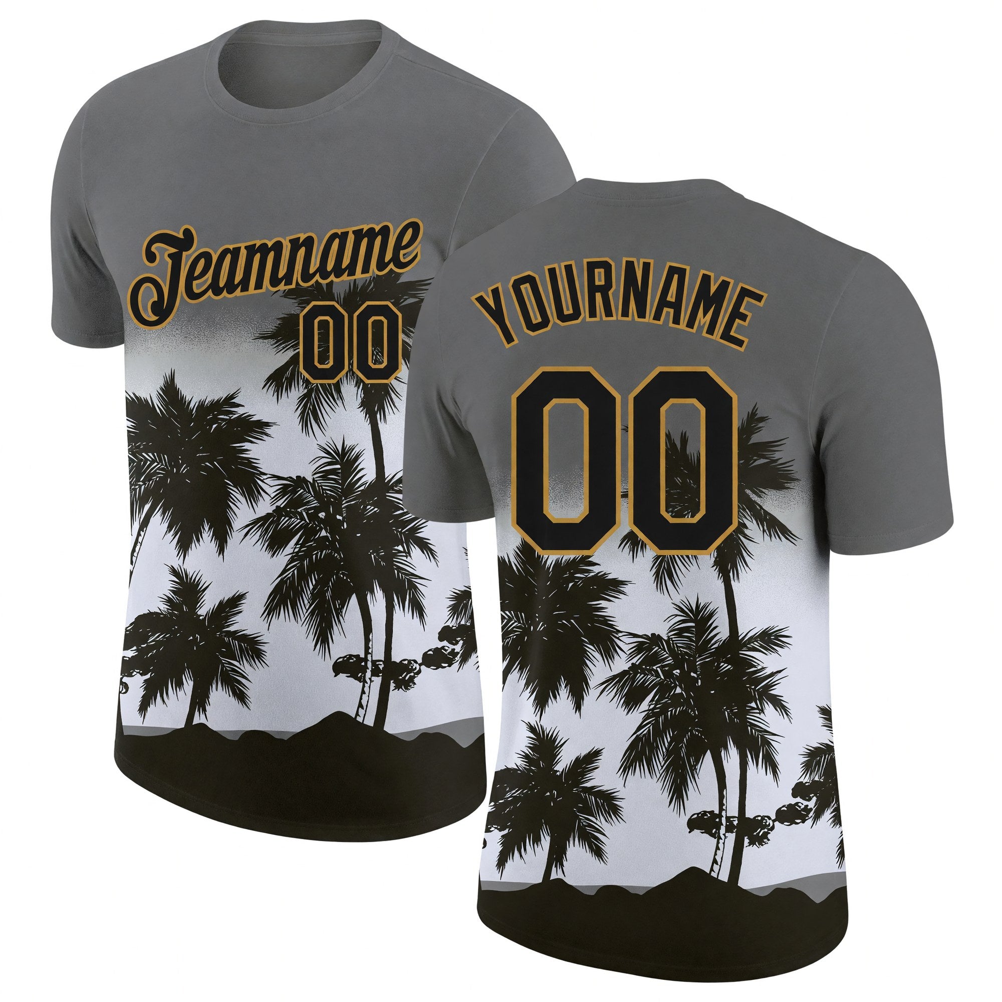 Custom Gray Black-Old Gold 3D Pattern Design Tropical Hawaii Palms Trees Performance T-Shirt