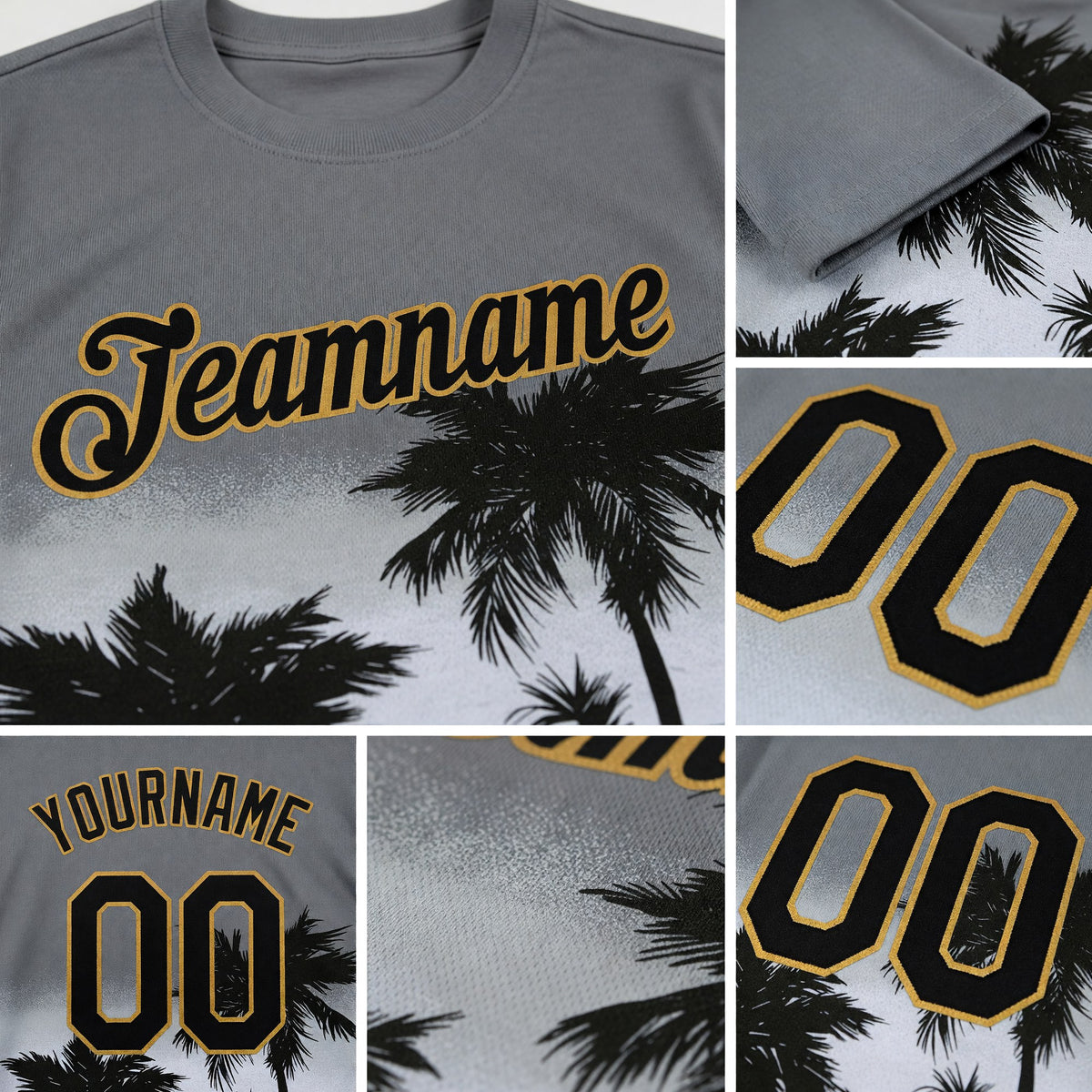 Custom Gray Black-Old Gold 3D Pattern Design Tropical Hawaii Palms Trees Performance T-Shirt detail