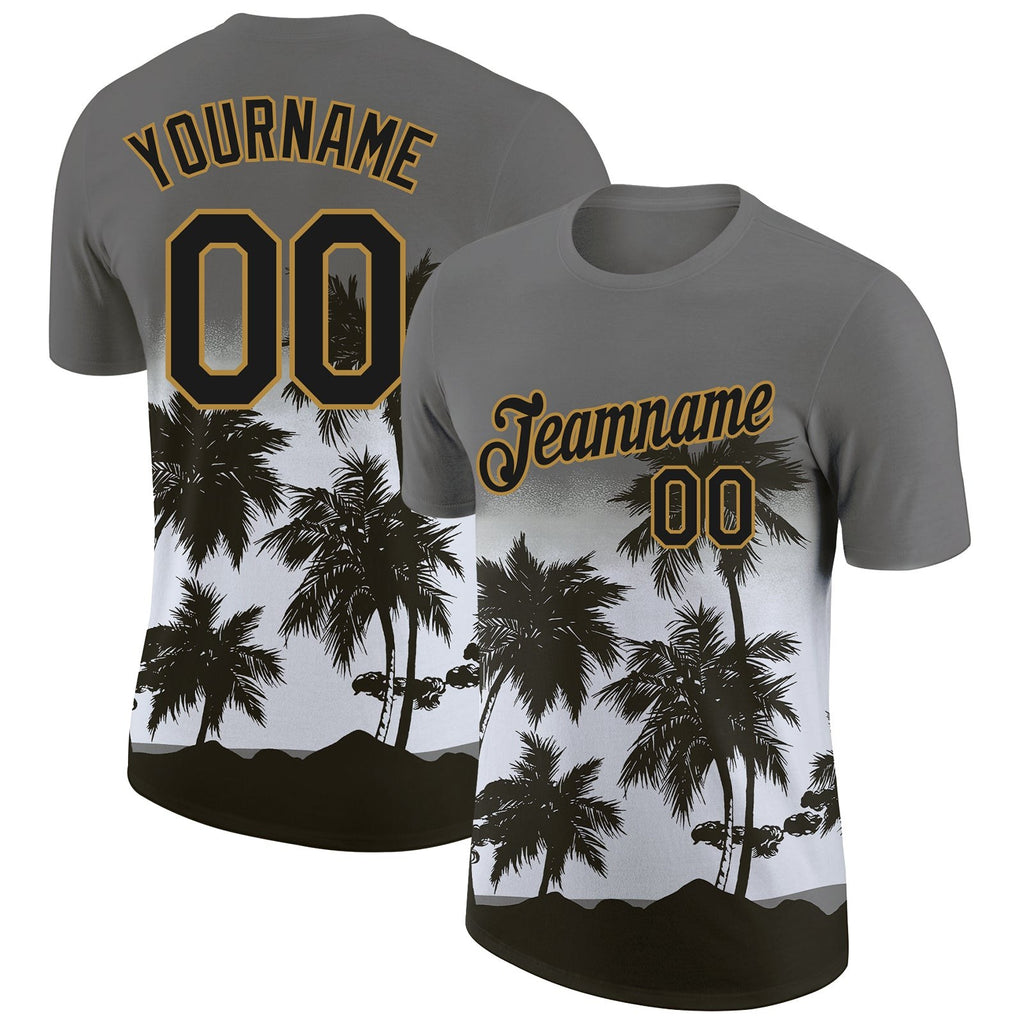 Custom Gray Black-Old Gold 3D Pattern Design Tropical Hawaii Palms Trees Performance T-Shirt photo 1