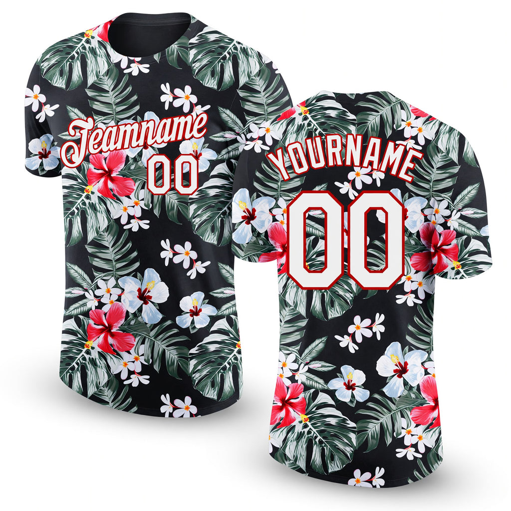 Custom Black White-Red 3D Pattern Design Tropical Hawaii Plant Performance T-Shirt