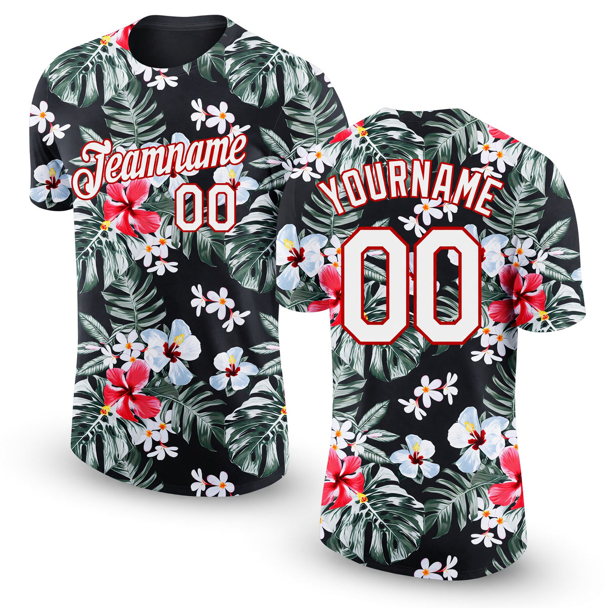 Custom Black White-Red 3D Pattern Design Tropical Hawaii Plant Performance T-Shirt