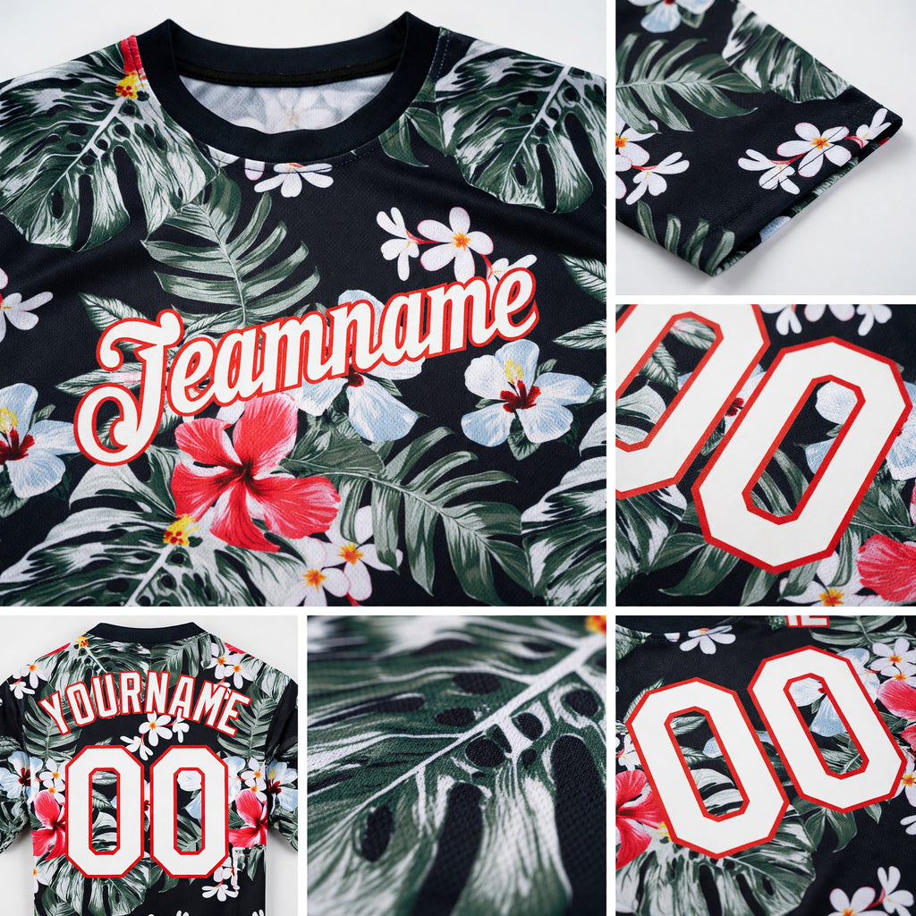 Custom Black White-Red 3D Pattern Design Tropical Hawaii Plant Performance T-Shirt detail