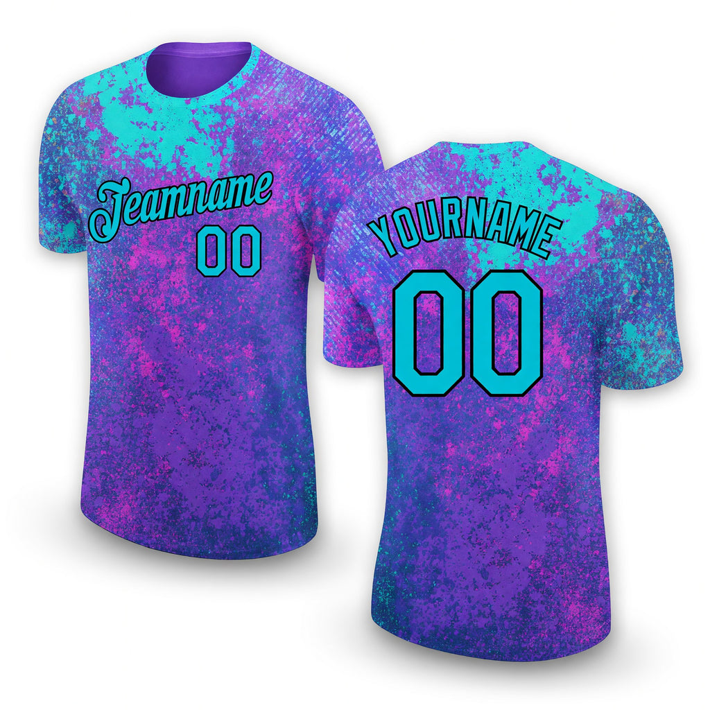 Custom Purple Lakes Blue-Black 3D Pattern Design Holi Festival Color Powder Performance T-Shirt