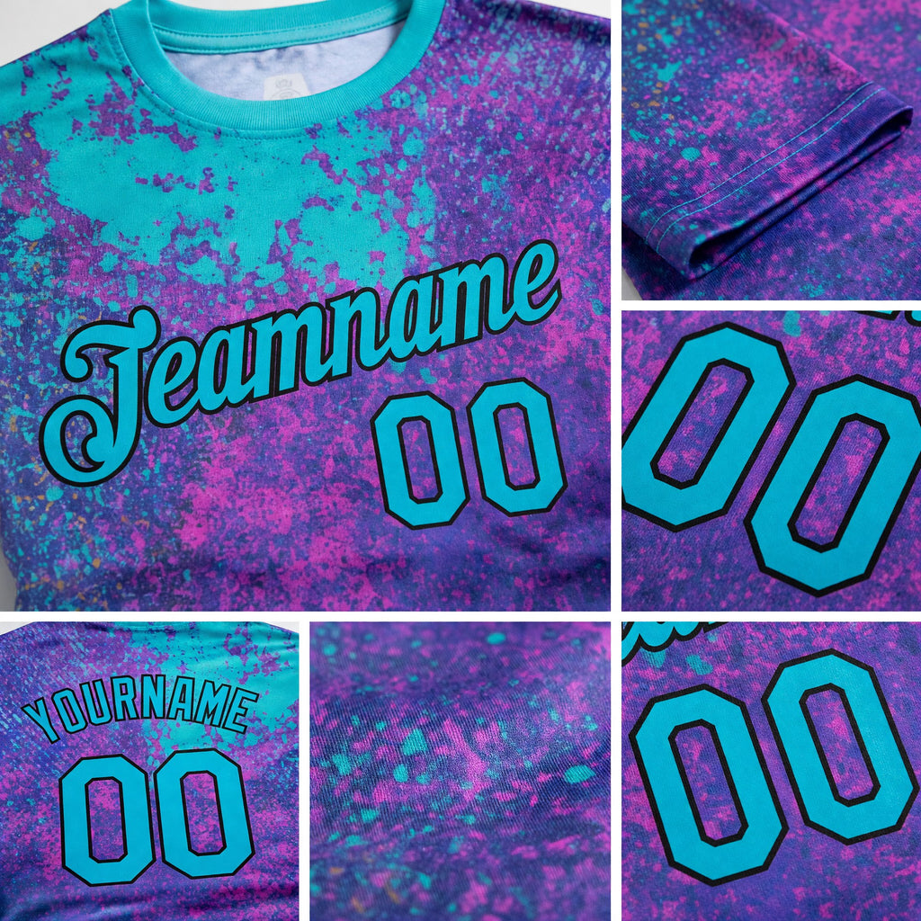 Custom Purple Lakes Blue-Black 3D Pattern Design Holi Festival Color Powder Performance T-Shirt detail