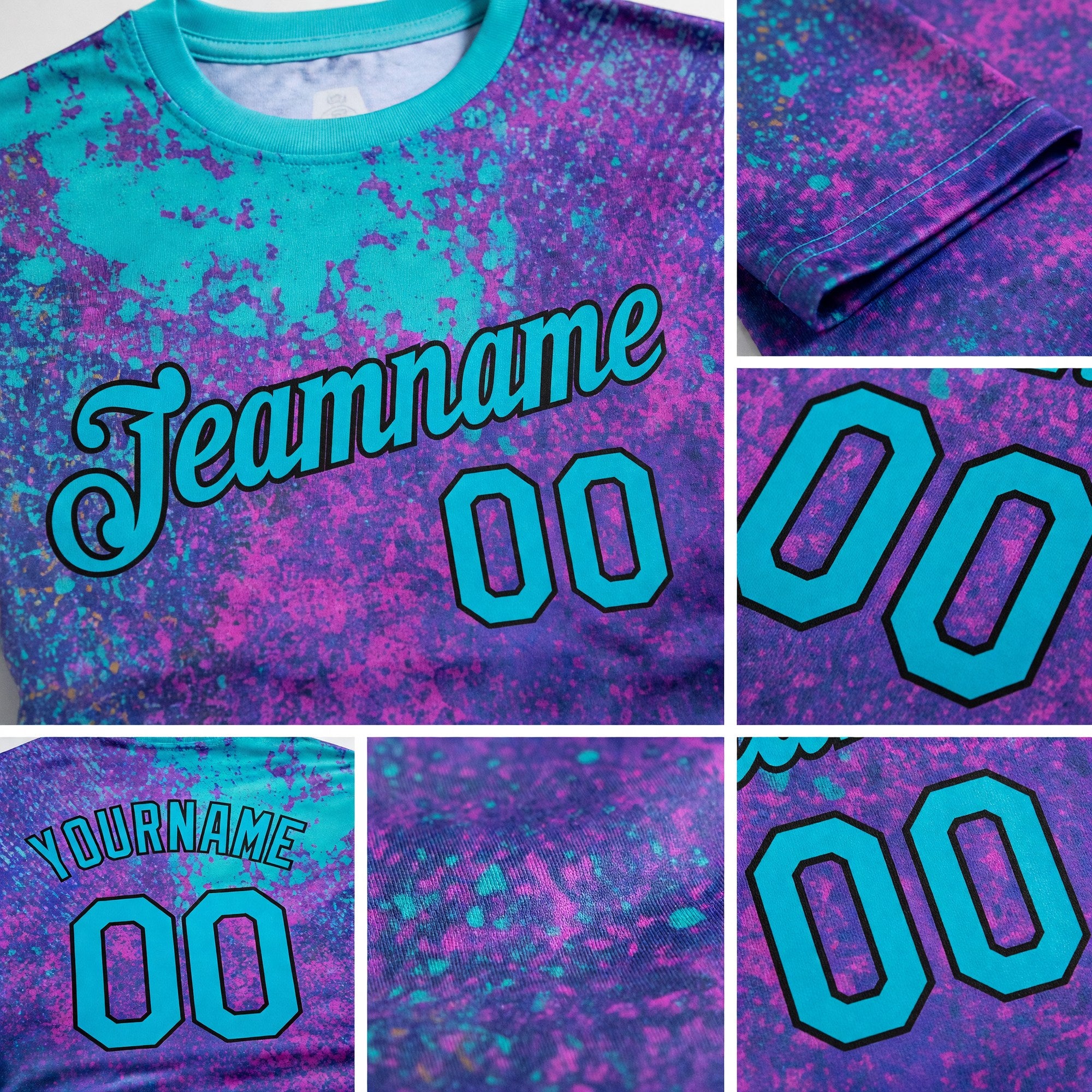 Custom Purple Lakes Blue-Black 3D Pattern Design Holi Festival Color Powder Performance T-Shirt detail