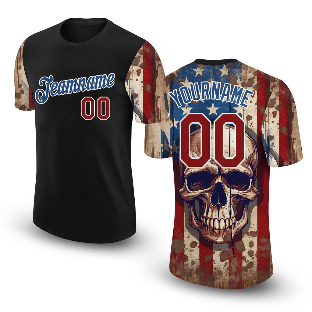 Custom Black Crimson-Blue 3D Skull With American Flag Performance T-Shirt