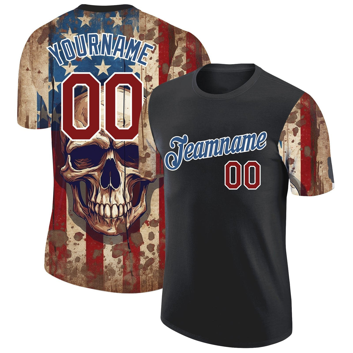 Custom Black Crimson-Blue 3D Skull With American Flag Performance T-Shirt photo 1