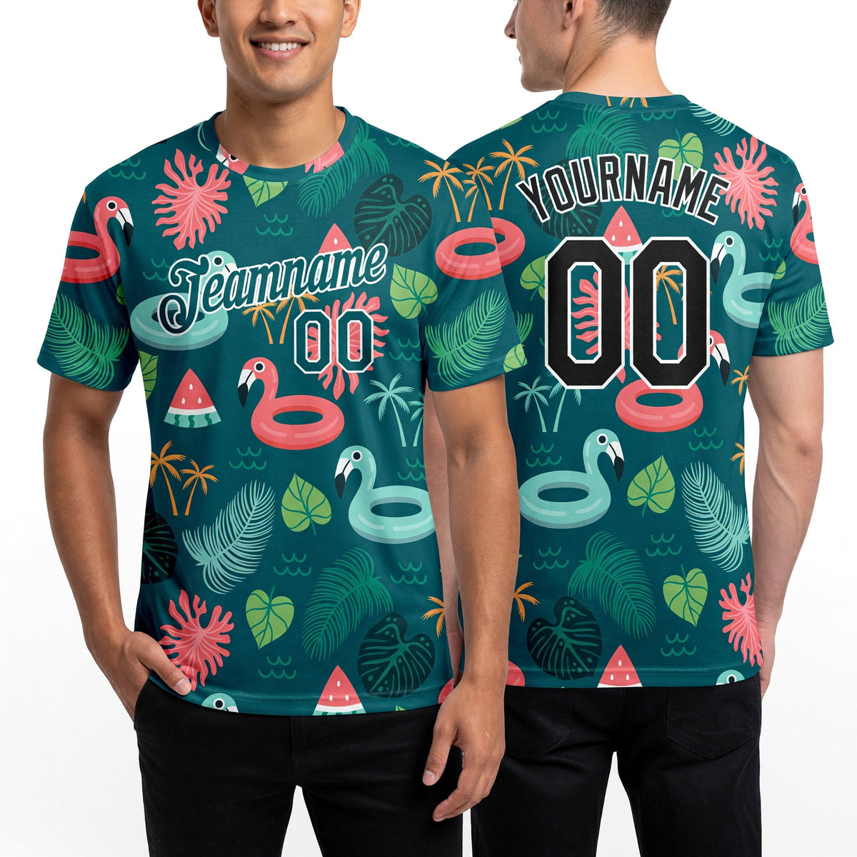 Custom Midnight Green White 3D Pattern Design Tropical Hawaii Flamingo Performance T-Shirt worn front and back
