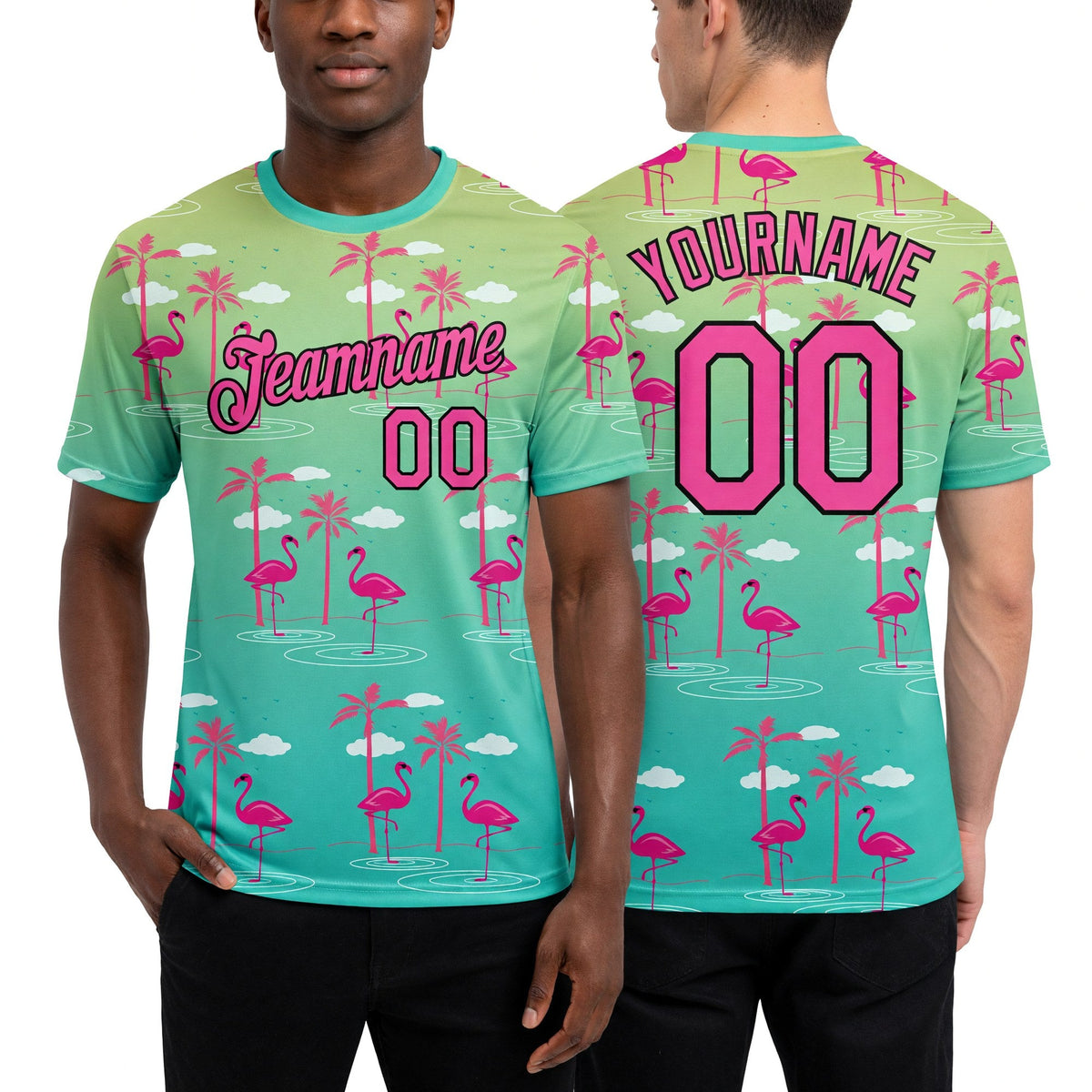 Custom Green Pink-Black 3D Pattern Design Tropical Hawaii Flamingo Performance T-Shirt worn front and back