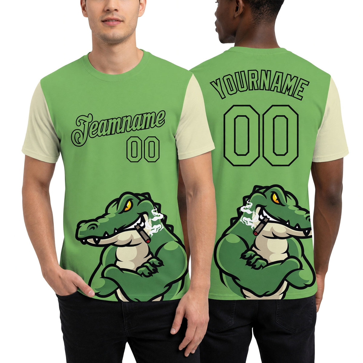 Custom Aurora Green Black-Cream 3D Pattern Design Crocodile Performance T-Shirt worn front and back