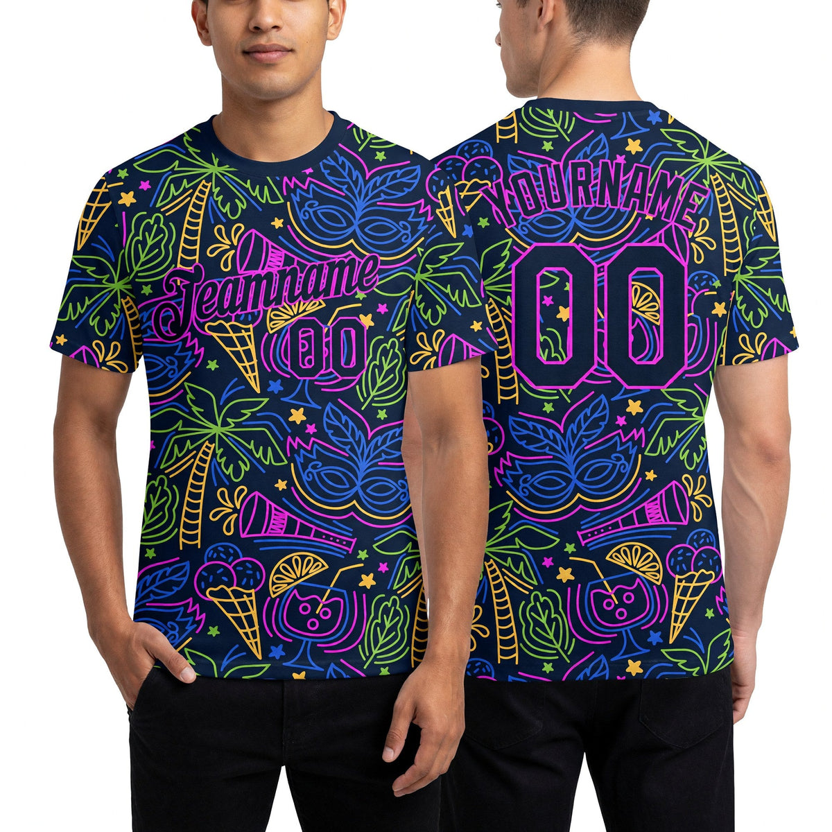 Custom Navy Purple 3D Pattern Design Hawaii Summer Holiday Party Performance T-Shirt worn front and back