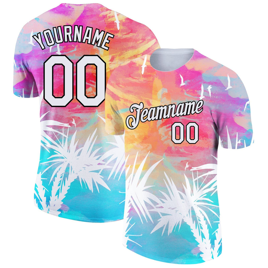 Custom White Black 3D Pattern Design Hawaii Palm Leaves Performance T-Shirt photo 1