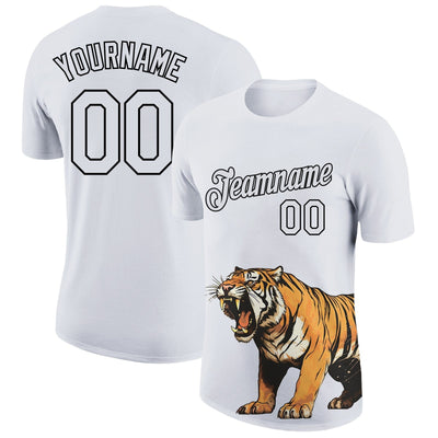 Custom White Tiger Performance T-Shirt with Black Lettering Design 3887