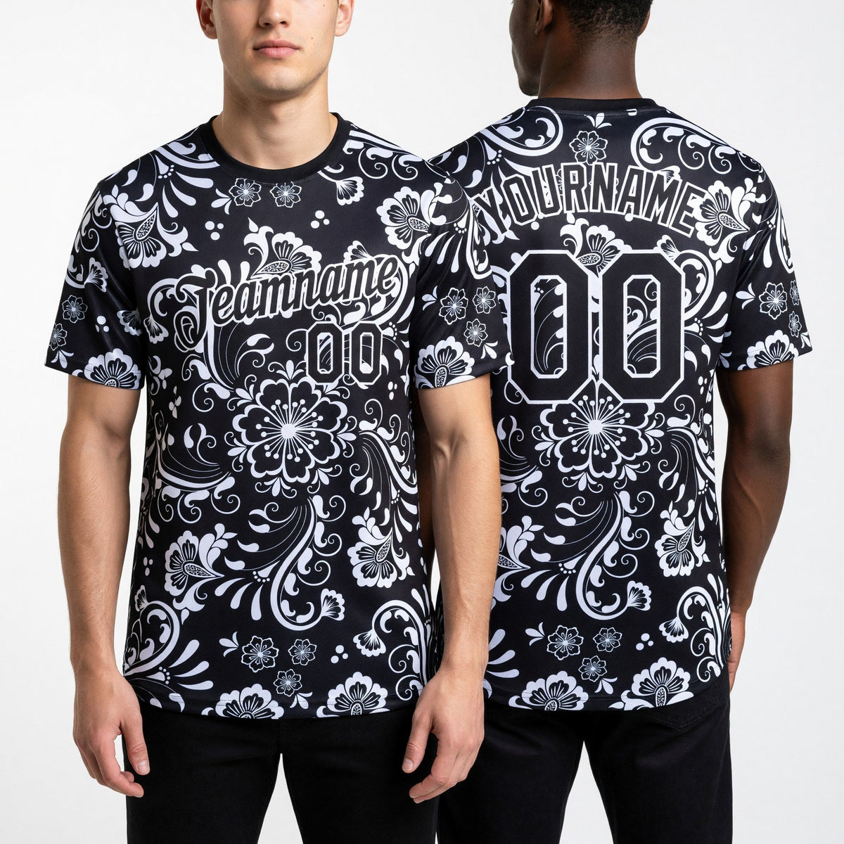 Custom Black White 3D Pattern Floral Design Performance T-Shirt worn front and back