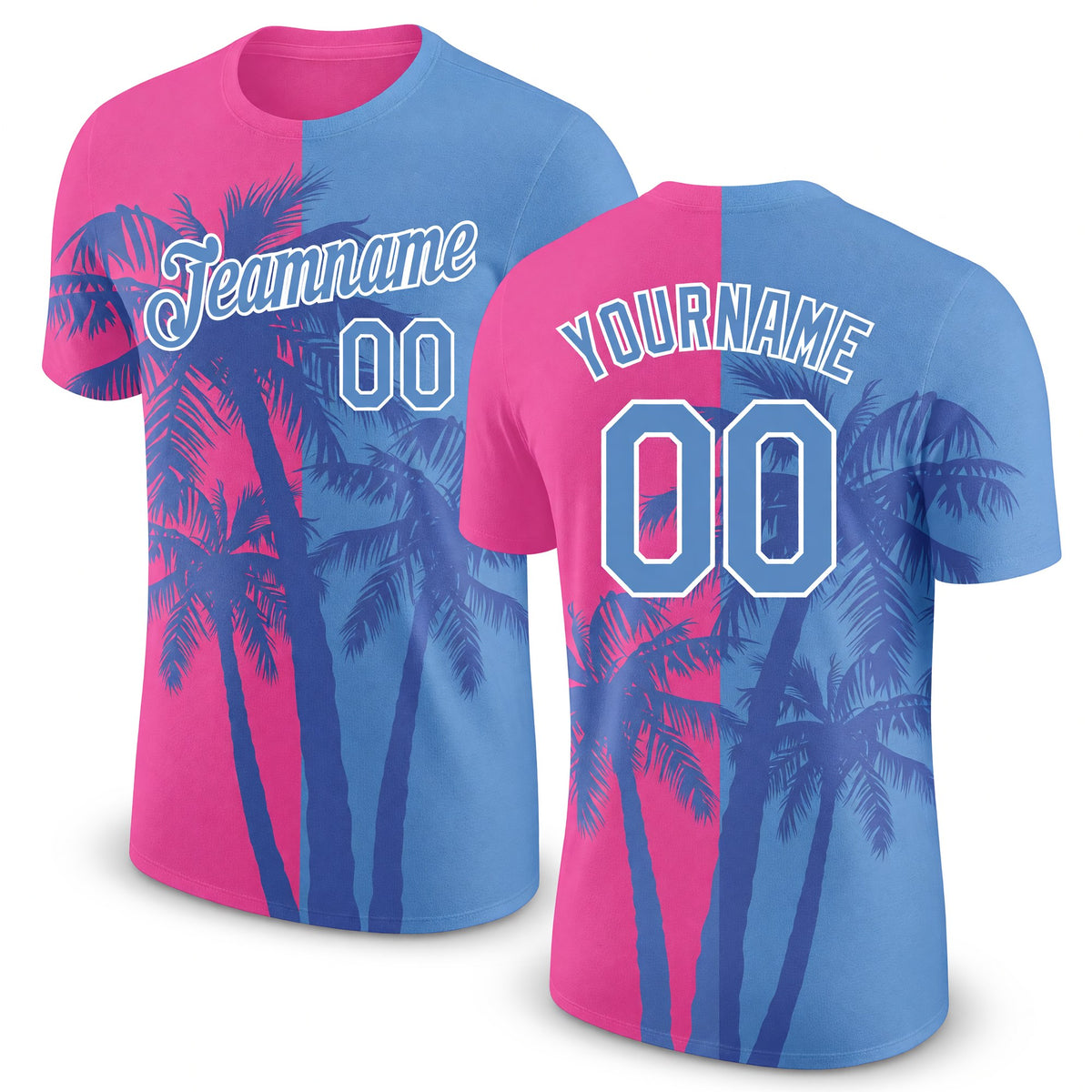 Custom Pink Light Blue-White 3D Pattern Design Hawaii Coconut Trees Performance T-Shirt